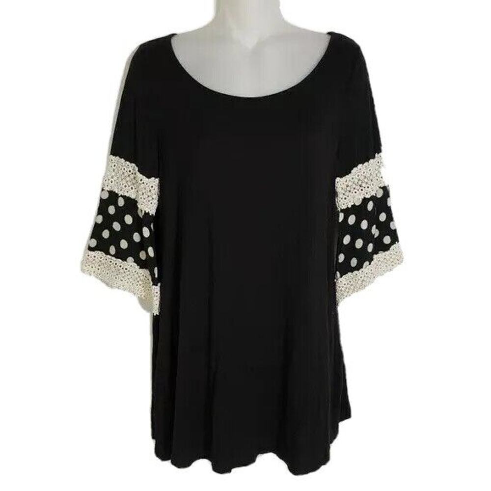 Emerald Tunic Top Womens Size Small Black White Stretch Lace Polka Dots Rayon